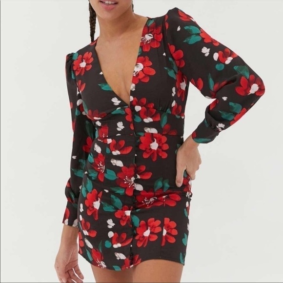 UO Michelle Plunging Long Sleeve Floral Mini Dress - Picture 1 of 13